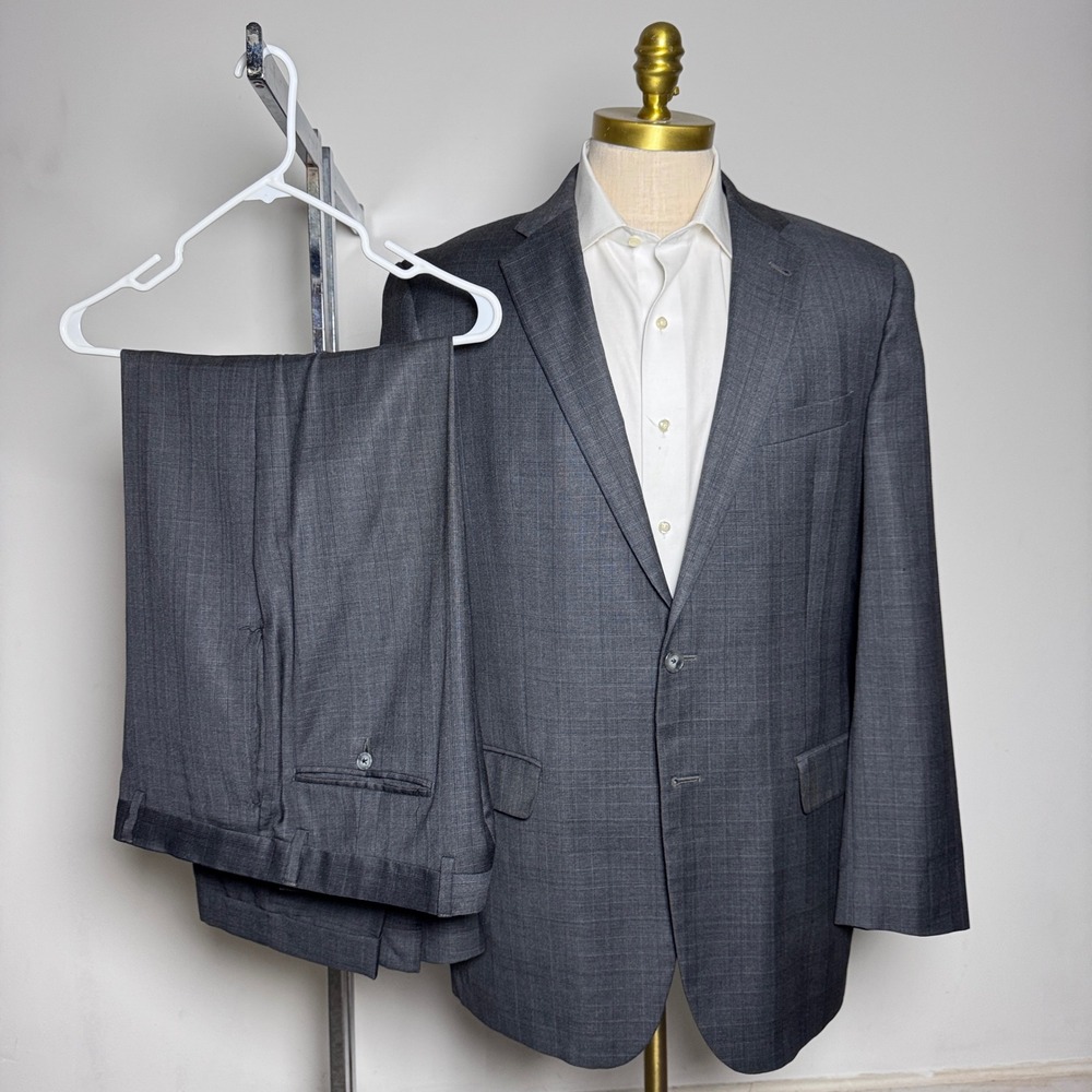Joseph Abboud Suit Mens 42L W36 Gray Plaid Loro Piana Wool 2-Piece Notch Lapel